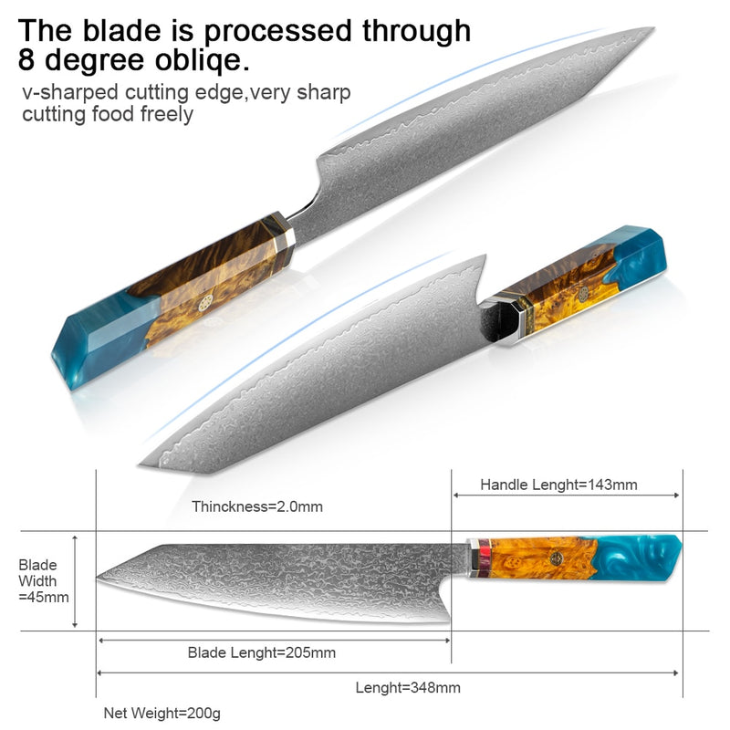 Damascus Kitchen Knife Steel Kiritsuke Chef knife Octagonal Blue Resin Handle Cleaver Gift