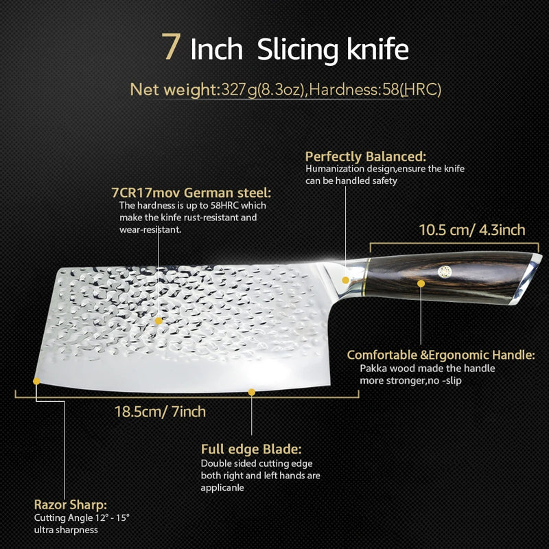 Kitchen Knives 7 inch Cleaver Chef Knife Full Tang Chopping Knife Veggie Slicer Frozen Meat Cutter