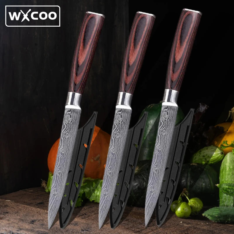 Kitchen Utility Knife Stainless Steel Damascus Laser Pattern Chef Boning Knives Wood Handle