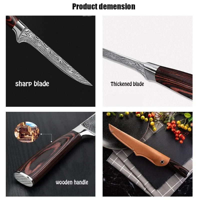 Boning Knife Damascus Laser Pattern Stainless Steel Bone Meat Fish Fruit Vegetables with Cover