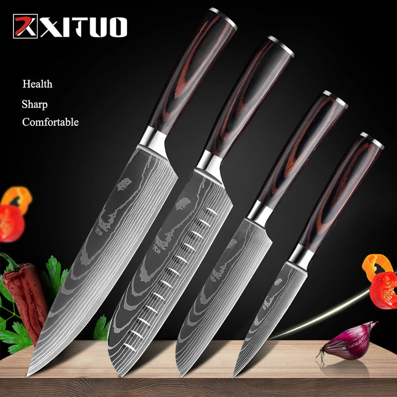 Chef Knife Set Kitchen Knives Laser Damascus Pattern Sharp Slicing Utility Knife