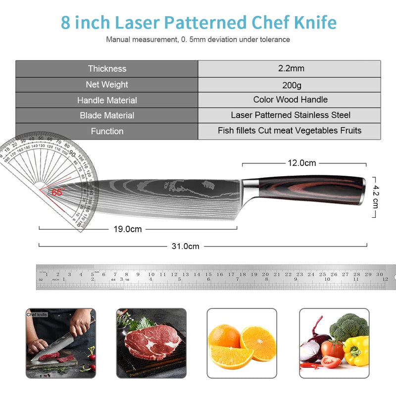 Pro Kitchen Chef Knife Stainless Steel Cleaver Laser Damascus Pattern 3-5PCS Set