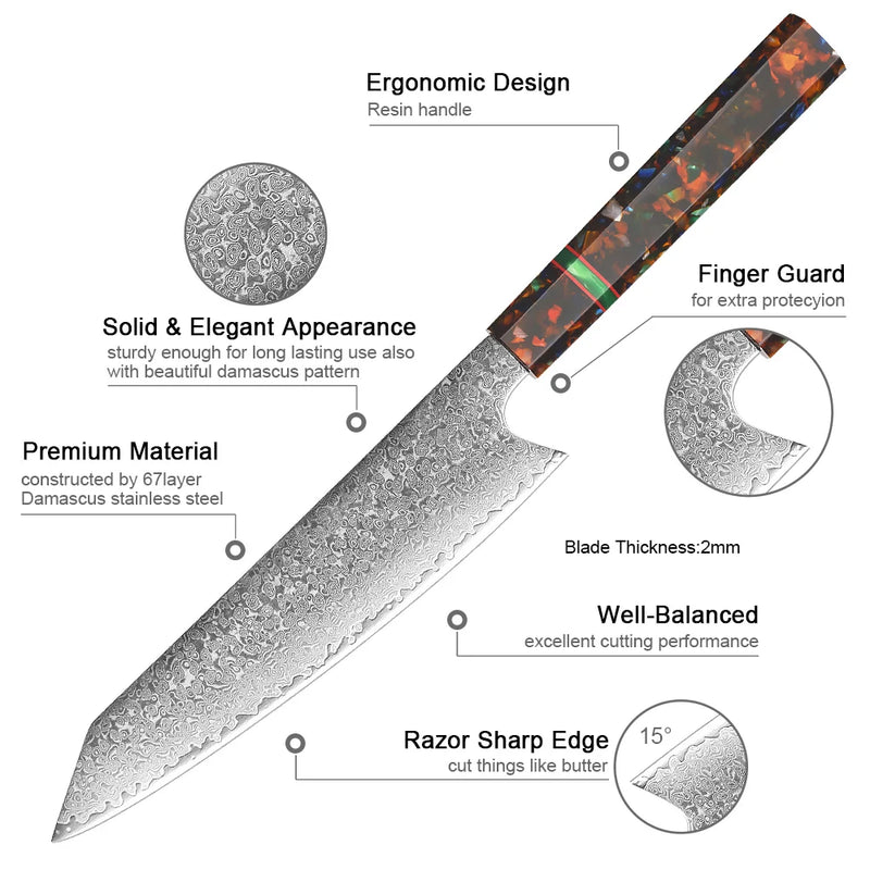 8 Inch Kiritsuke Knife Damascus Stainless Steel Kitchen Knife Sharp Chef Knives Resin Handle