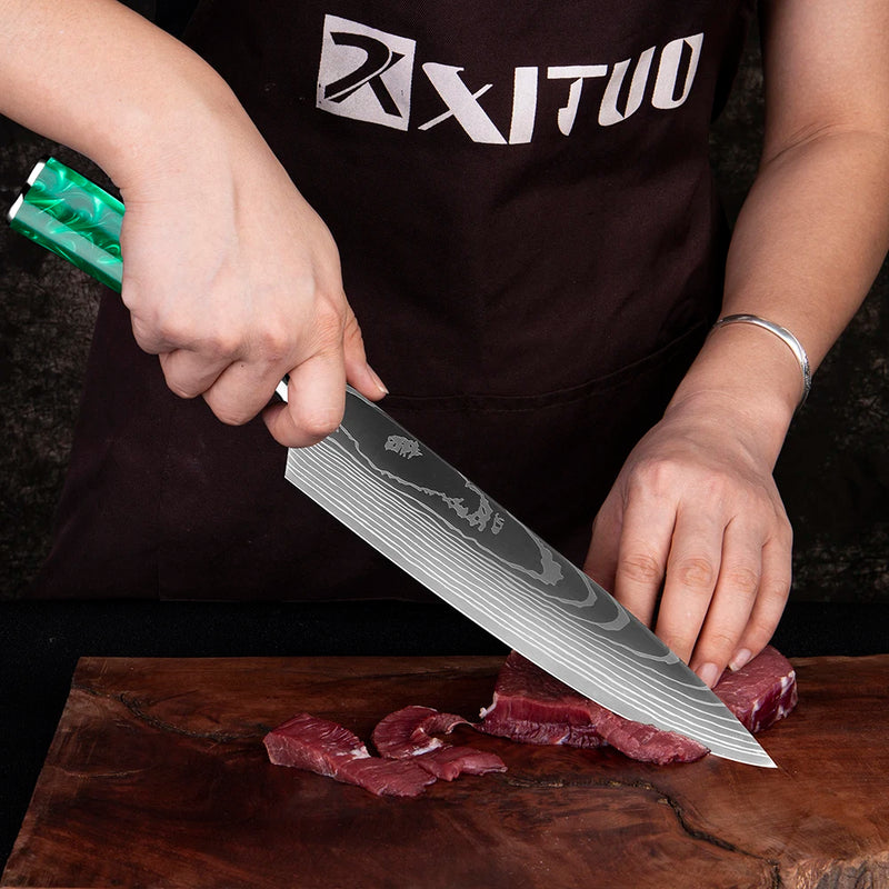 XITUO Kitchen knife 8“ Chef Knife Japanese Santoku Knife Sharp Cut meat vegetables Cooking Knife Green resin handle With sheath