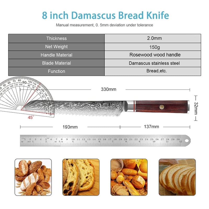 XITUO Bread Knife 8 inch Damascus Steel Bread Knife Bread Cutting Cake Knife for Homemade Bread