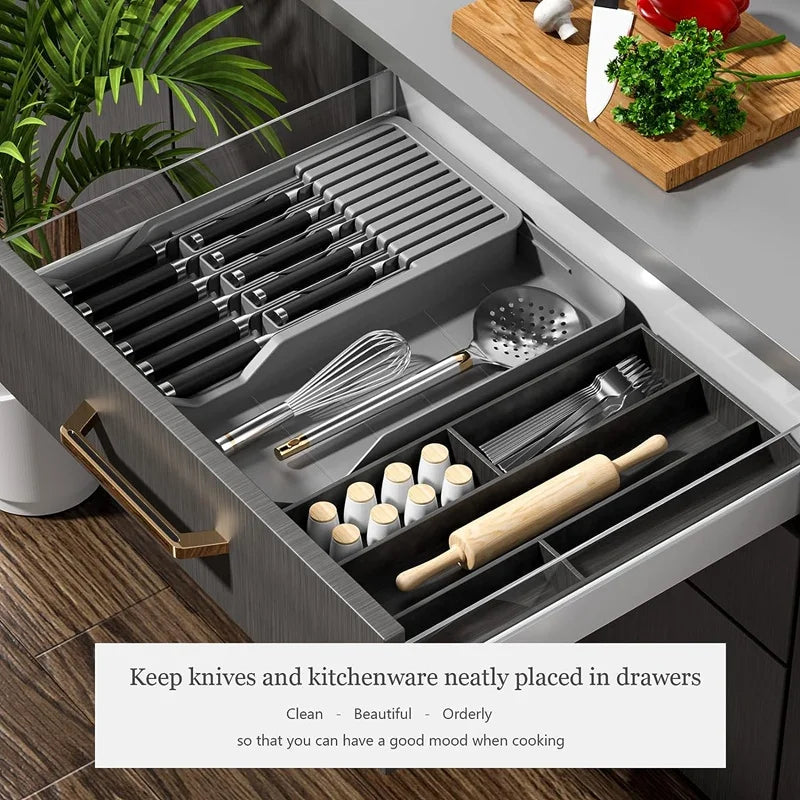 In Drawer Knife Block Holder With Expandable Cutlery Tray Kitchen Drawer Insert Knives Durable