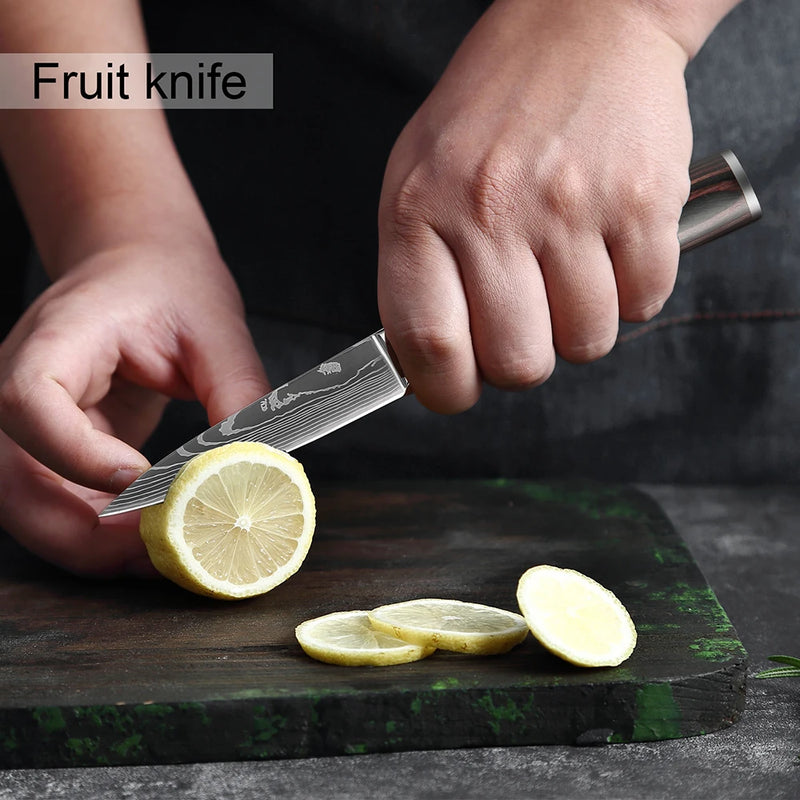 Chef Knife Set Kitchen Knives Laser Damascus Pattern Sharp Slicing Utility Knife