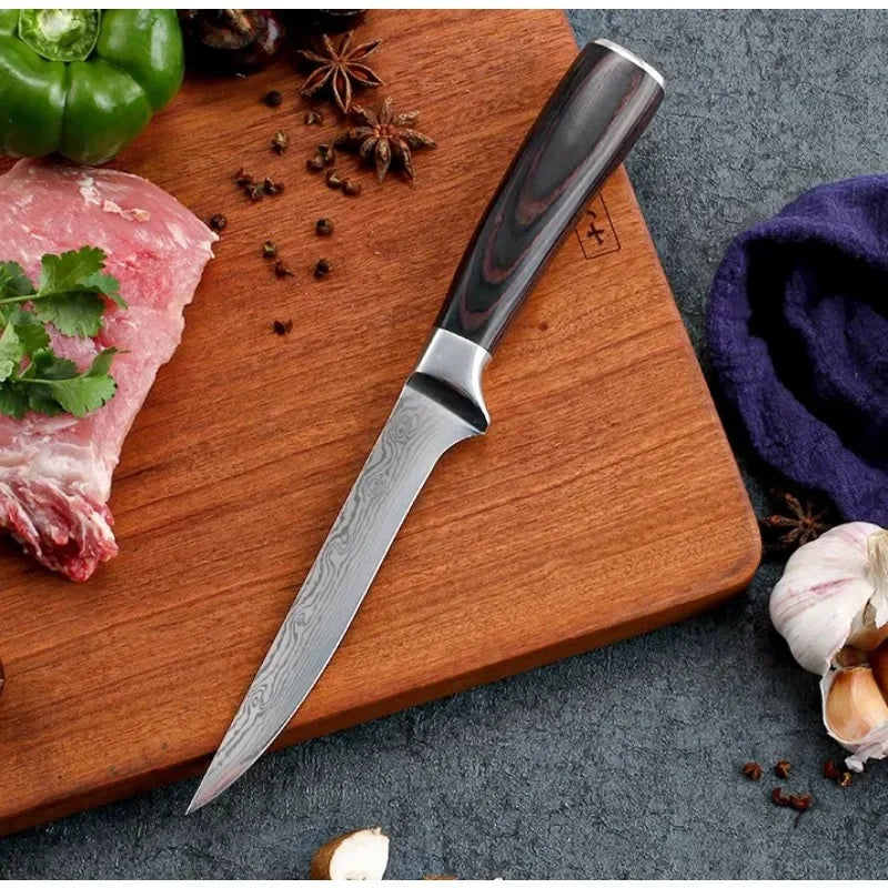 Boning Knife Damascus Laser Pattern Stainless Steel Bone Meat Fish Fruit Vegetables with Cover