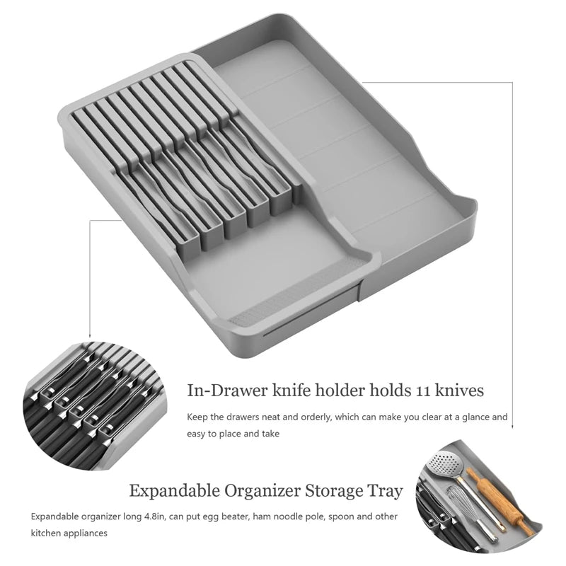 In Drawer Knife Block Holder With Expandable Cutlery Tray Kitchen Drawer Insert Knives Durable