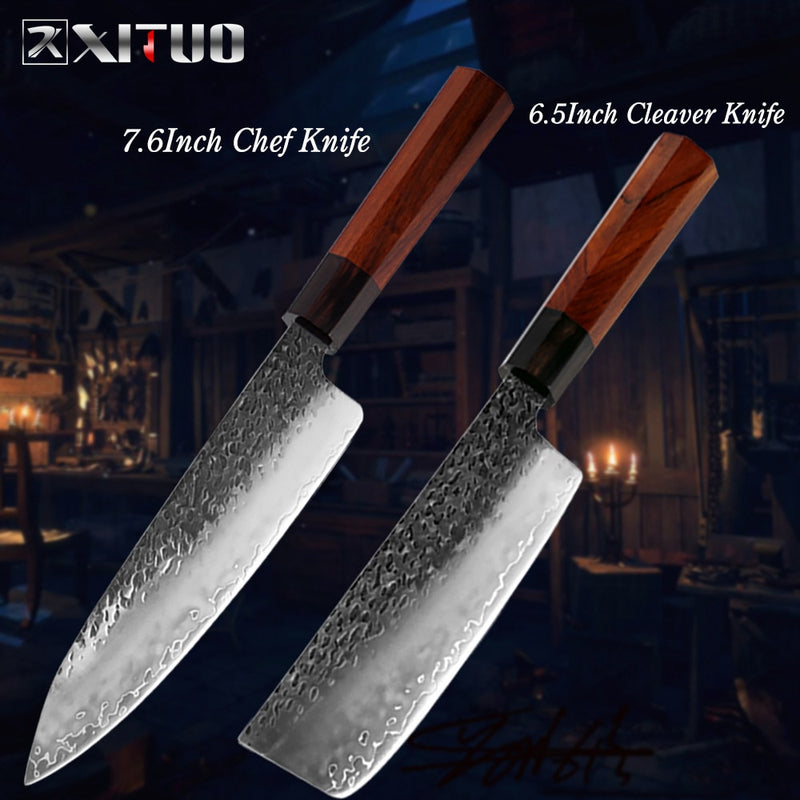 XITUO Chef Three-Layer Composite Stainless Steel Hand Forged Kitchen Knife Cleaver Boning Kiritsuke