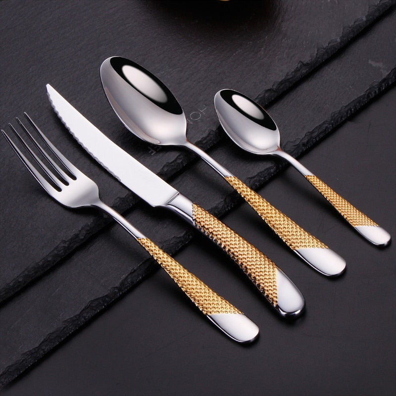 Kitchen Tableware Cutlery Set Silver & Gold Stainless Steel Dinnerware Fork Spoon Knife Dinner Set