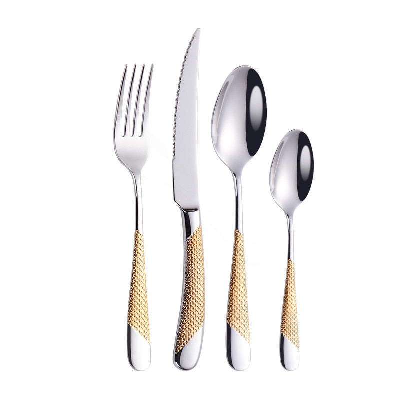 Kitchen Tableware Cutlery Set Silver & Gold Stainless Steel Dinnerware Fork Spoon Knife Dinner Set