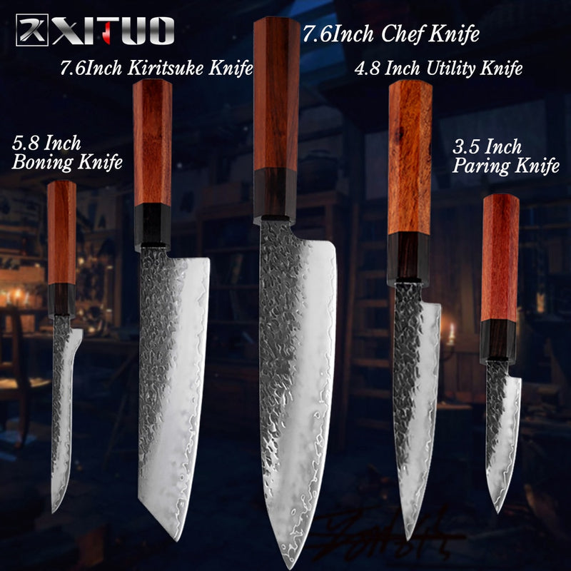 XITUO Chef Three-Layer Composite Stainless Steel Hand Forged Kitchen Knife Cleaver Boning Kiritsuke