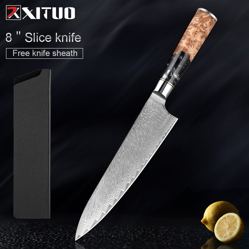 2-4 PCS Damascus Steel Kitchen Knives Chef Vegetable Slicing Deboning Black Resin Handle