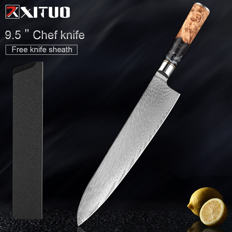 2-4 PCS Damascus Steel Kitchen Knives Chef Vegetable Slicing Deboning Black Resin Handle