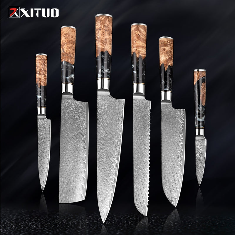 2-4 PCS Damascus Steel Kitchen Knives Chef Vegetable Slicing Deboning Black Resin Handle