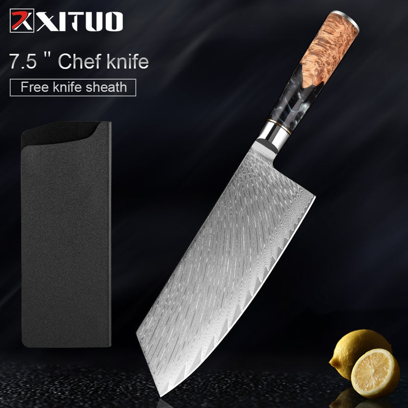 2-4 PCS Damascus Steel Kitchen Knives Chef Vegetable Slicing Deboning Black Resin Handle