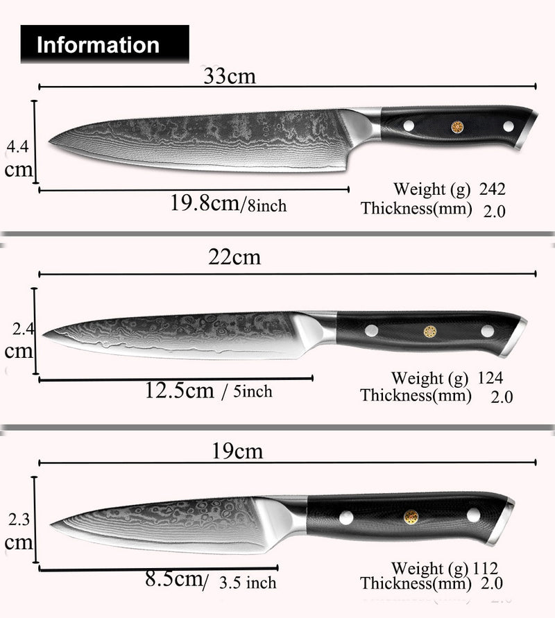 3 Pcs Utility Kitchen Knife Set High Quality 67 Layer VG10 Damascus Steel Tool Gift